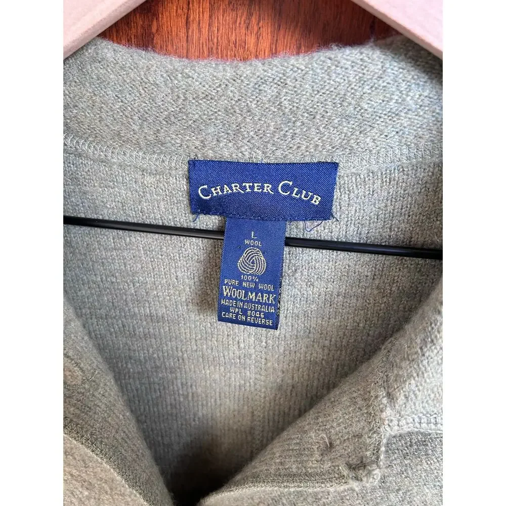 Charter Club Green Grey Pure New Wool Fisherman Cardigan L